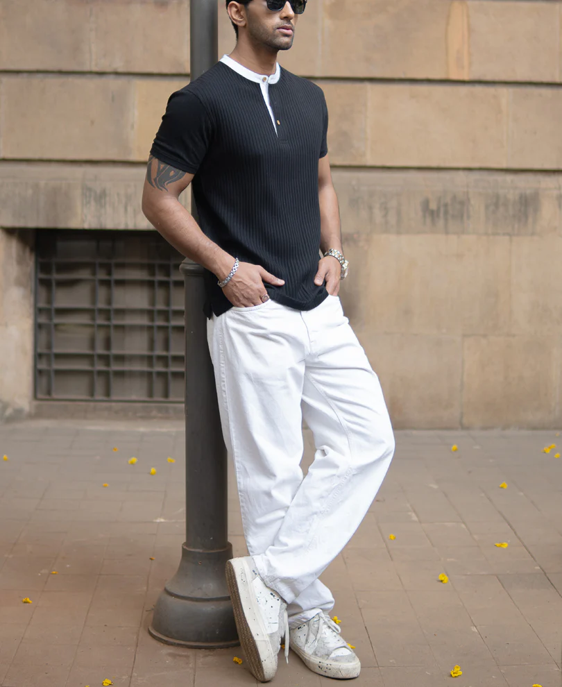 Black Contrast Collar Henley T-Shirt - Image 6