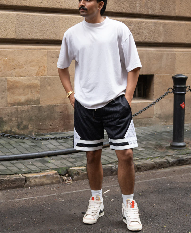 Black Contrast Embroidered Mesh Shorts - Image 6