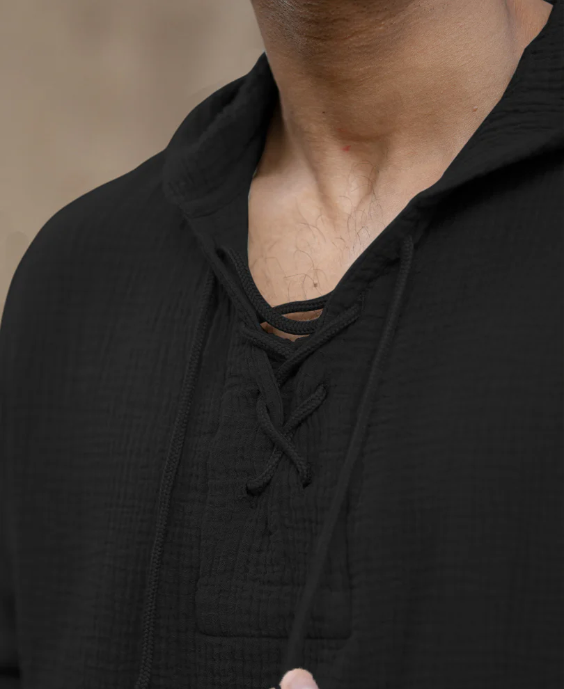Black Crinkled Hooded Shirt - Image 3