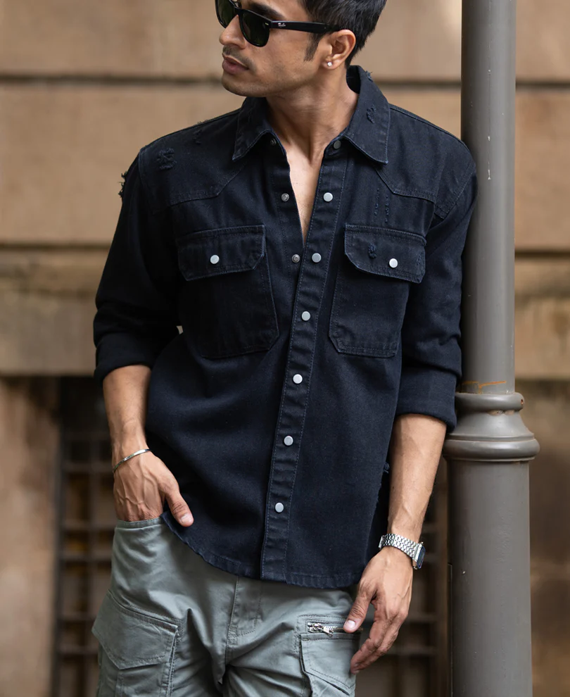 Black Distressed Denim Overshirt - Image 2