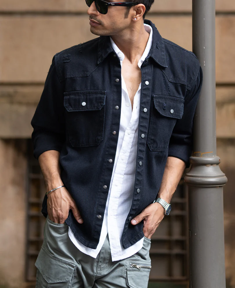 Black Distressed Denim Overshirt - Image 3