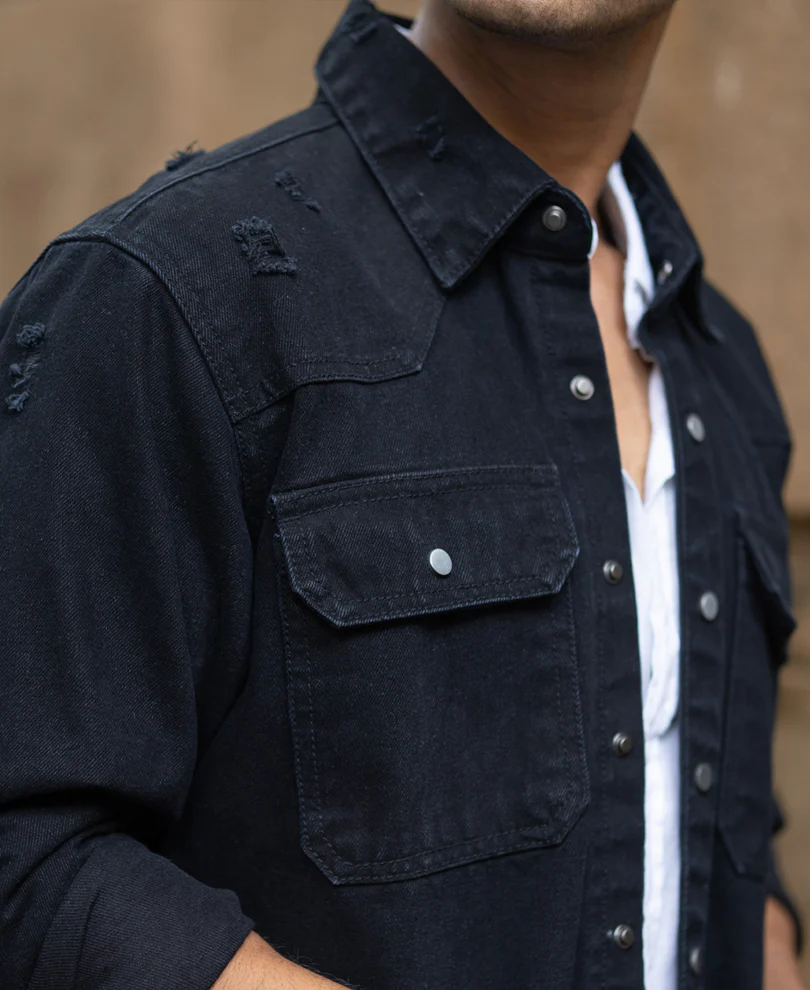 Black Distressed Denim Overshirt - Image 5