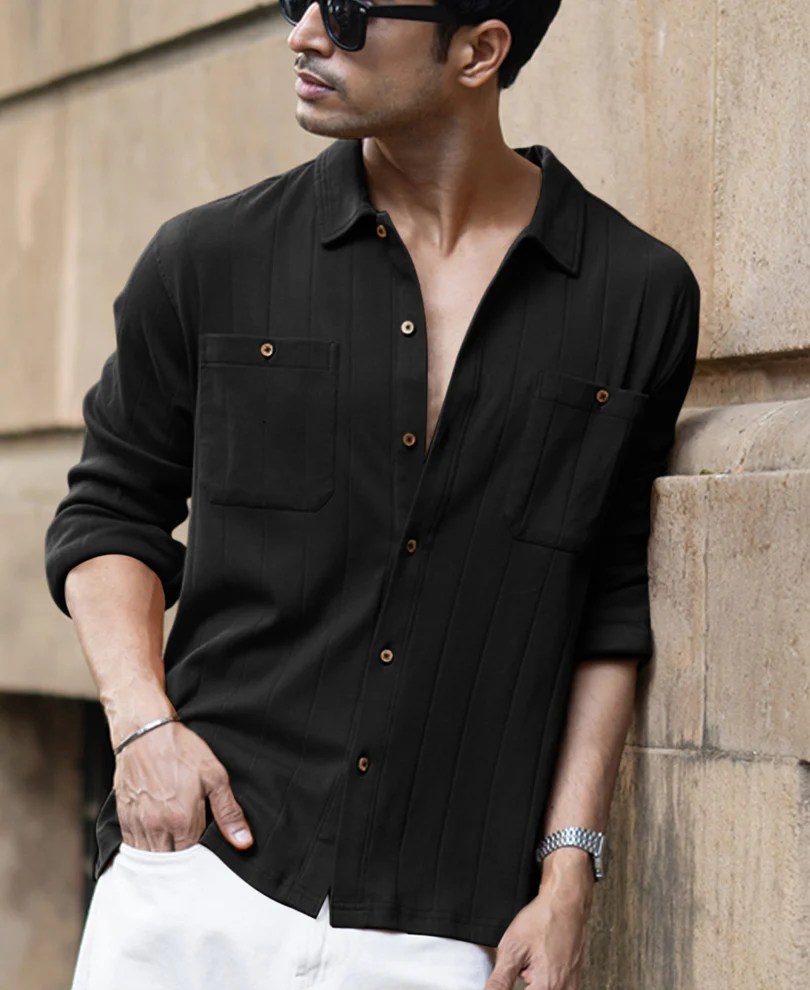 Black Double Pocket Knit Shirt - Image 2