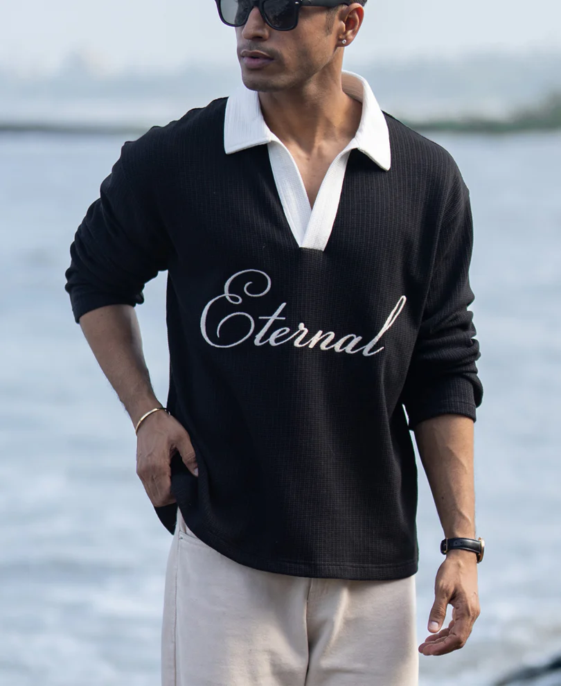 Black Embroidery Contrast T-Shirt