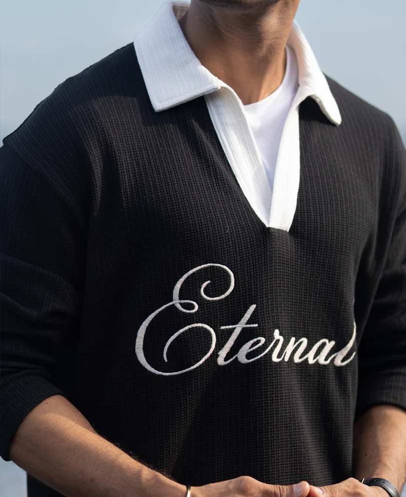 Black Embroidery Contrast T-Shirt - Image 4