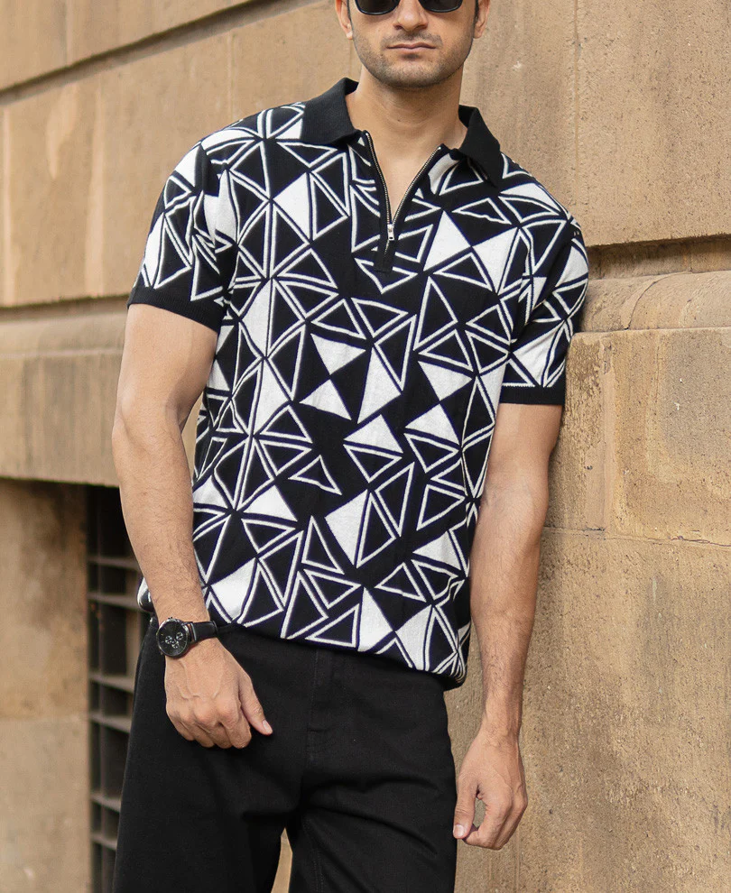 Black Geometric Knit Polo T-Shirt - Image 3