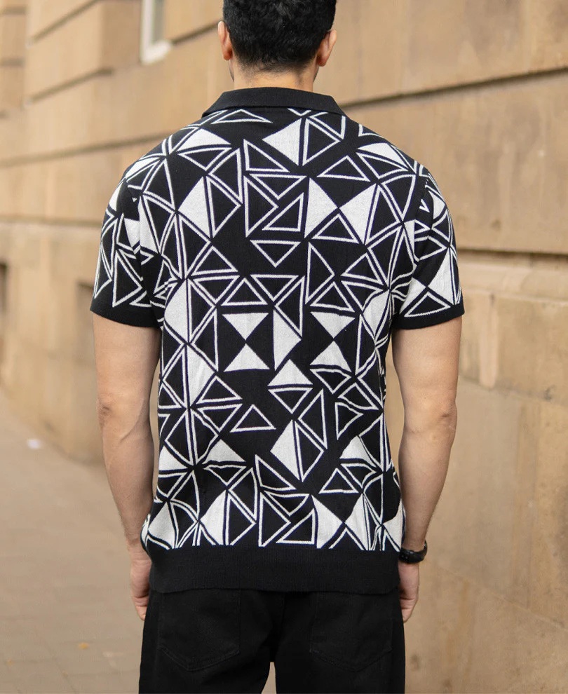Black Geometric Knit Polo T-Shirt - Image 5
