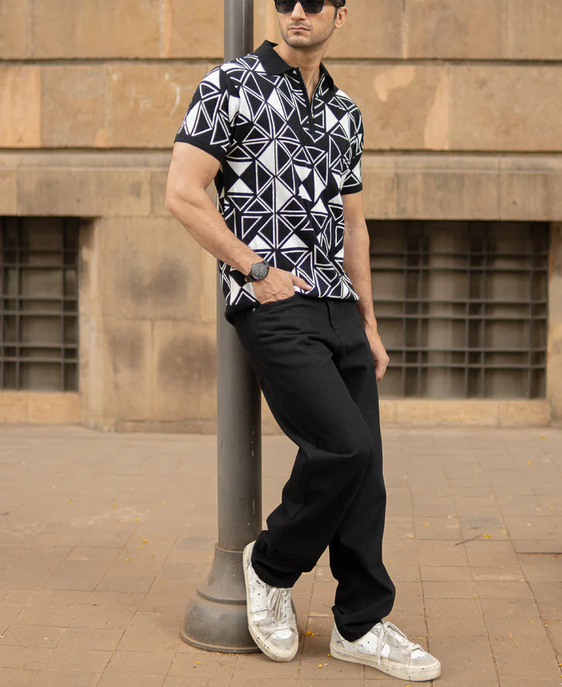 Black Geometric Knit Polo T-Shirt - Image 6