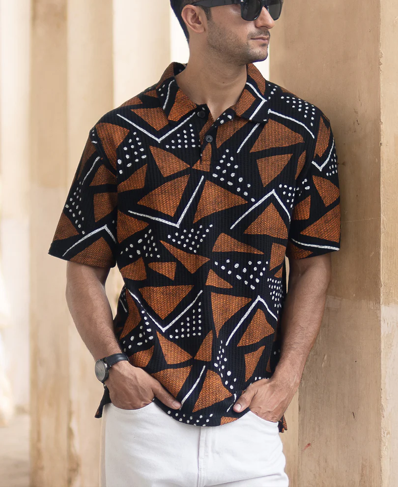 Black Geometric Print Polo T-Shirt - Image 2