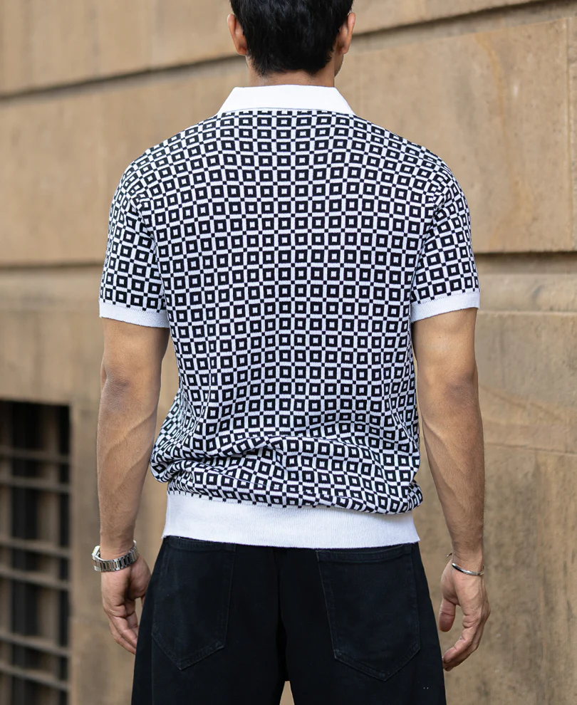 Black Jacquard Contrast Collar T-Shirt - Image 6
