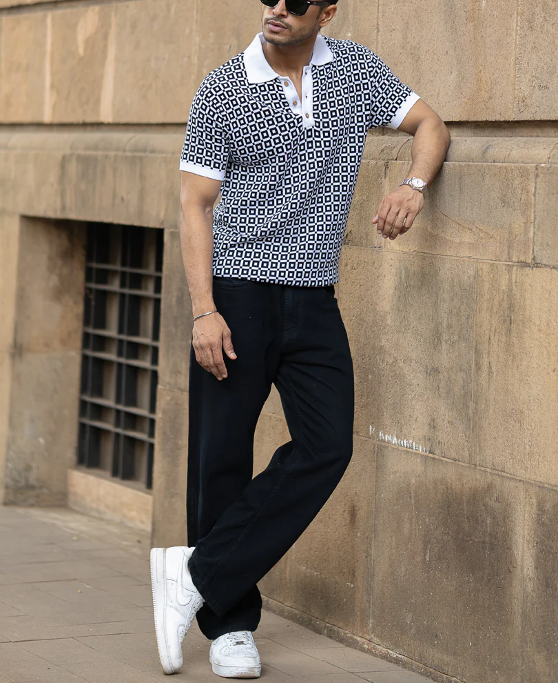 Black Jacquard Contrast Collar T-Shirt - Image 7