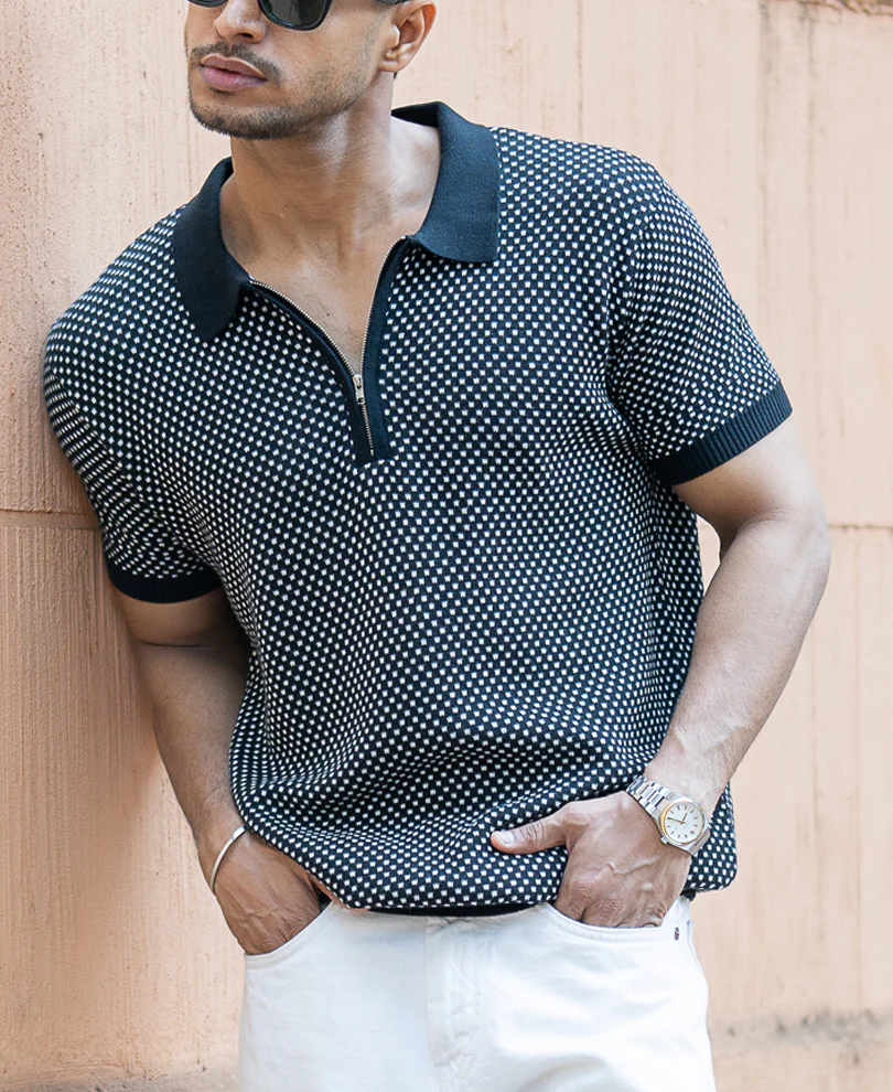 Black Jacquard Knit Polo T-Shirt - Image 2