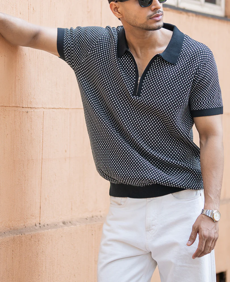 Black Jacquard Knit Polo T-Shirt - Image 3