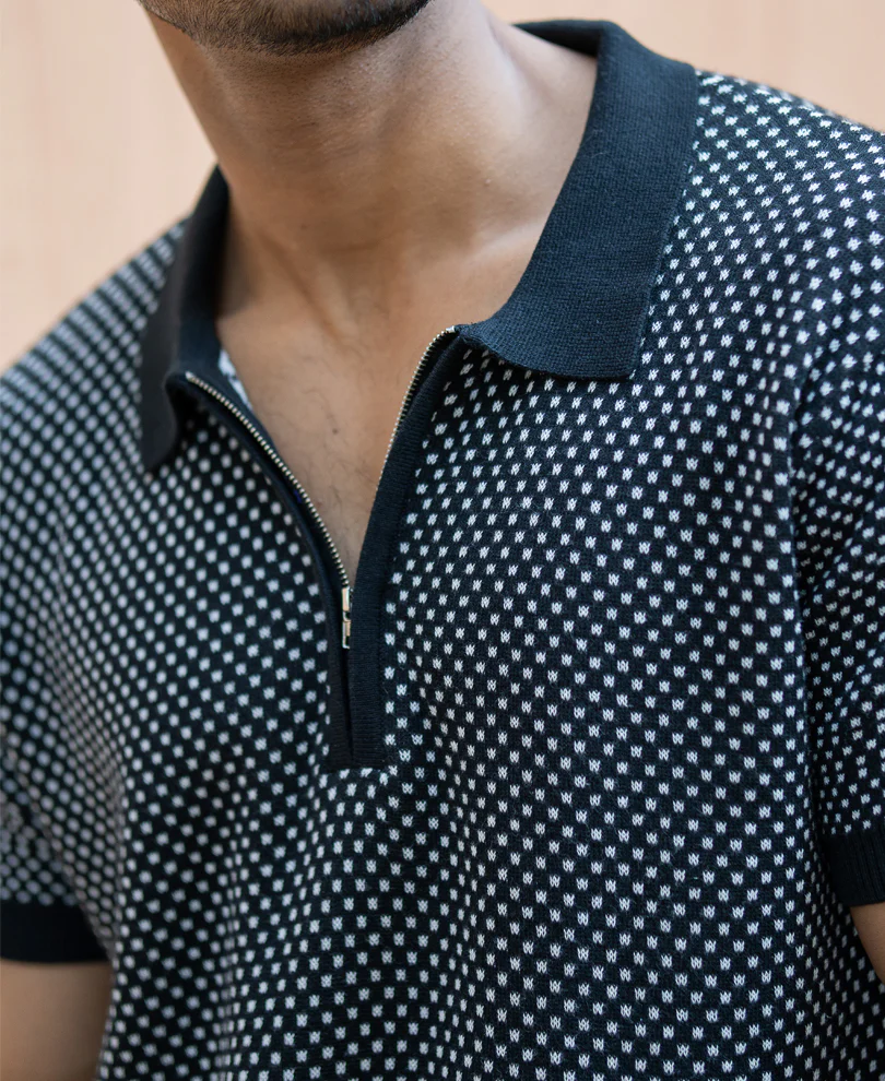 Black Jacquard Knit Polo T-Shirt - Image 4