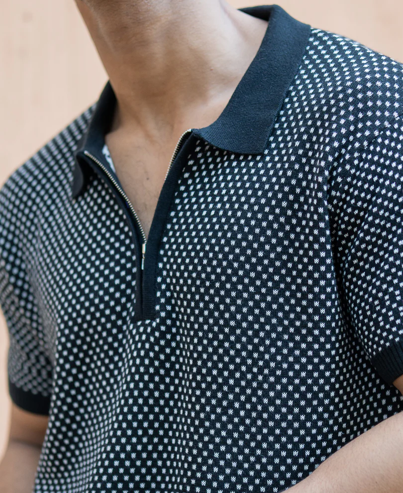 Black Jacquard Knit Polo T-Shirt - Image 5