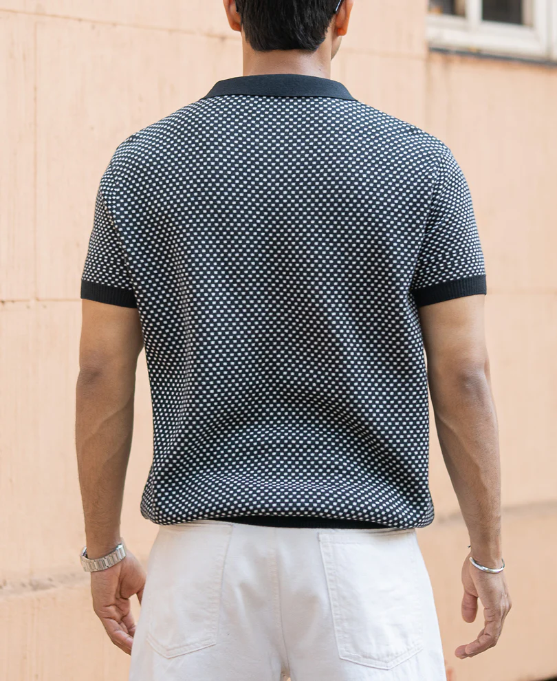 Black Jacquard Knit Polo T-Shirt - Image 6