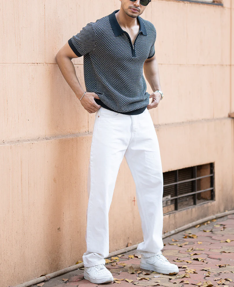 Black Jacquard Knit Polo T-Shirt - Image 7