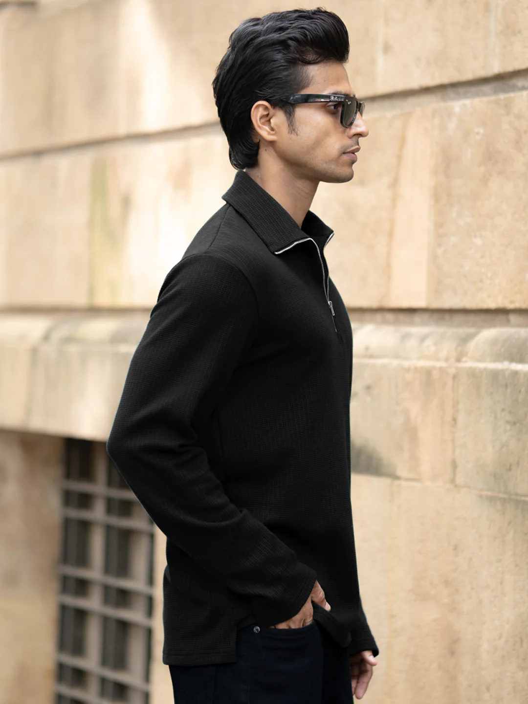 Black Knit Polo Zipper T-Shirt - Image 5