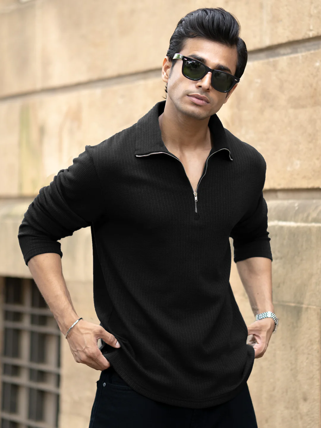 Black Knit Polo Zipper T-Shirt - Image 6