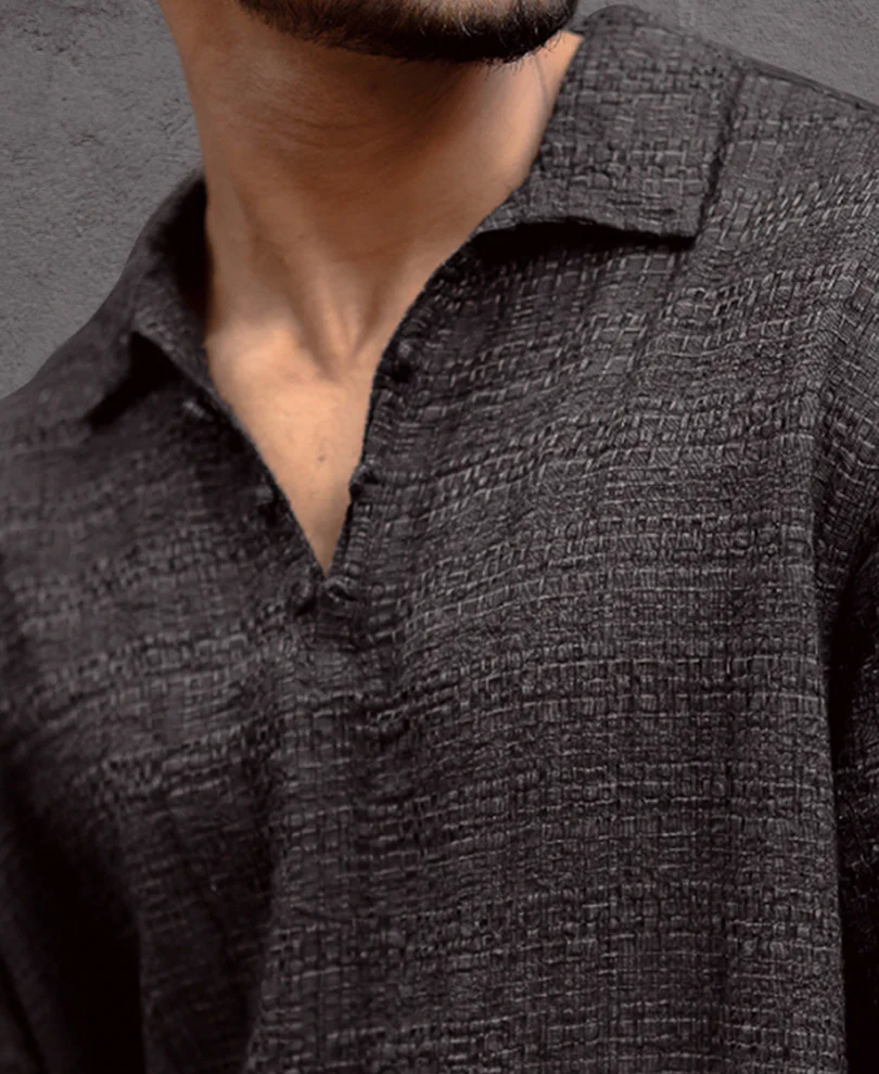 Black Kurta Style Regular Fit Full Sleeves Shirt - Image 3