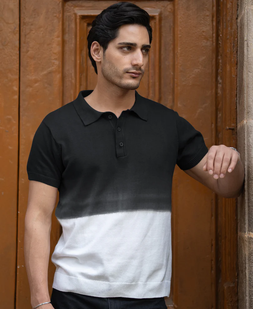 Black Ombre Knit Polo T-Shirt - Image 2