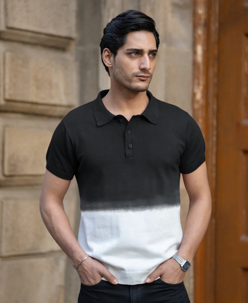 Black Ombre Knit Polo T-Shirt - Image 3