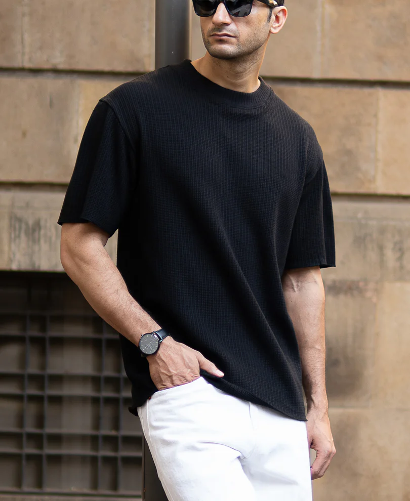 Black Oversized Structure Half Sleeves T-Shirt - Image 3