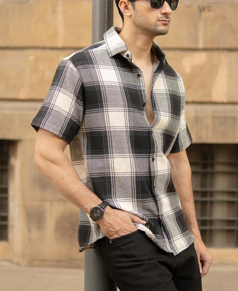 Black Regular Fit Structured Checks Shirt - Image 3