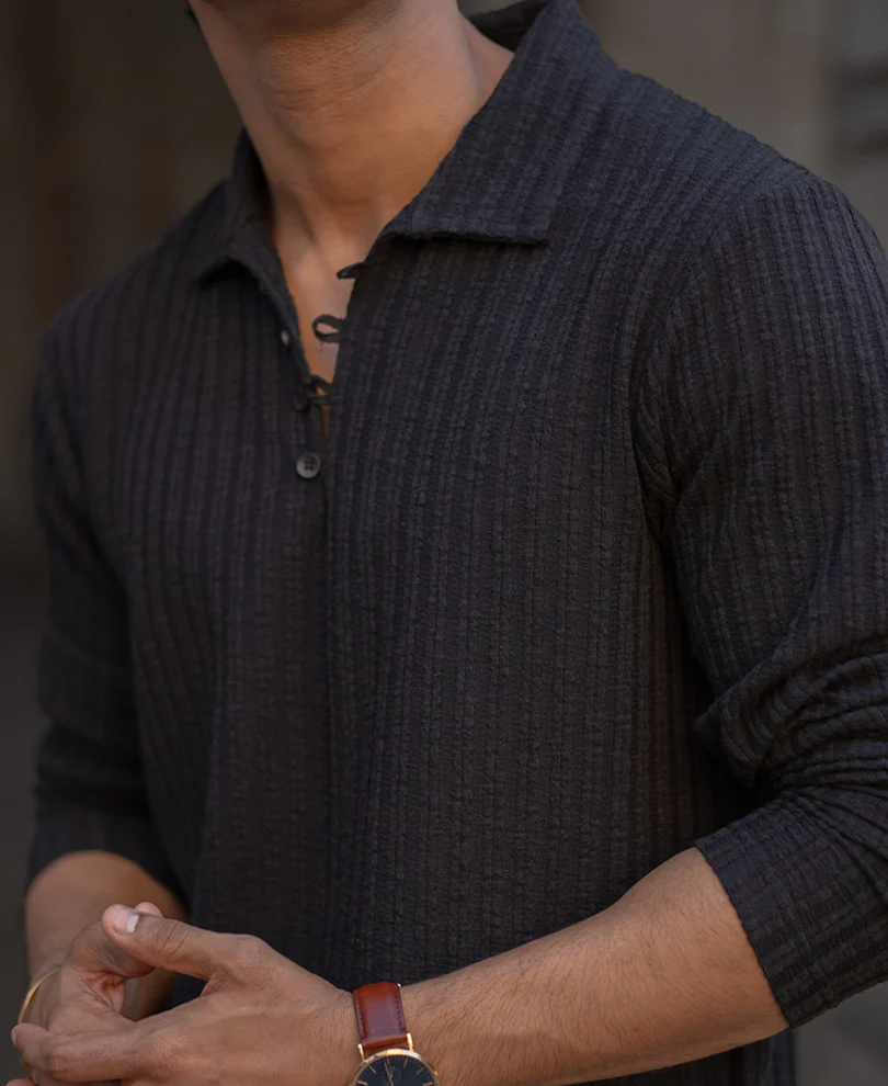 Black Self Stripe Polo T-Shirt