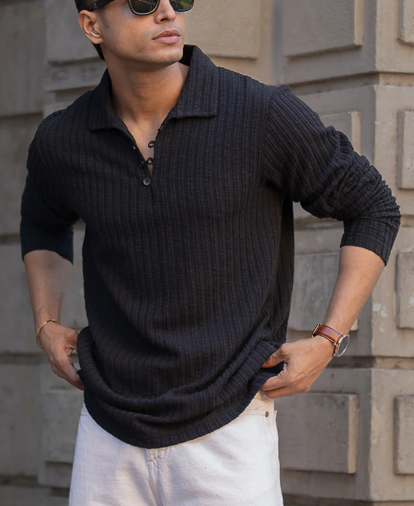Black Self Stripe Polo T-Shirt - Image 4