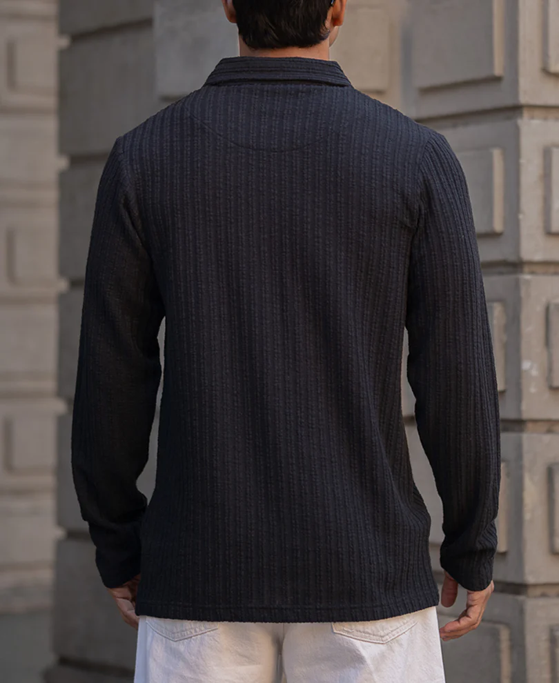 Black Self Stripe Polo T-Shirt - Image 5