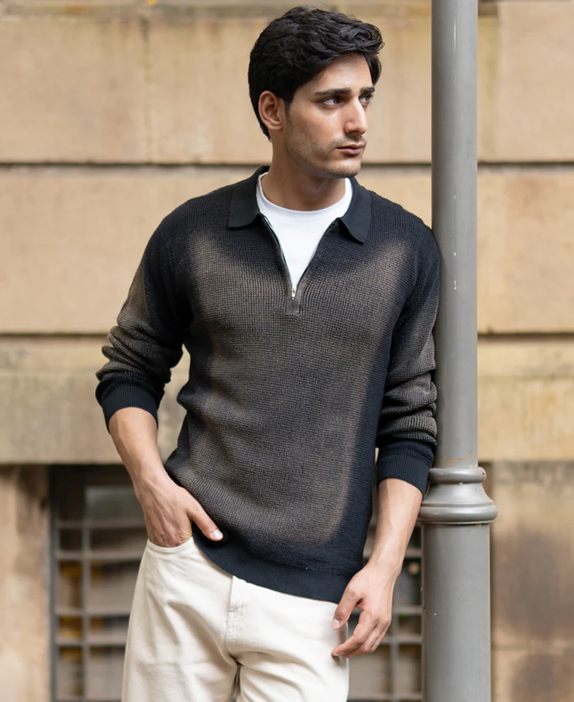 Black Sprayed Zipper Neck Sweater