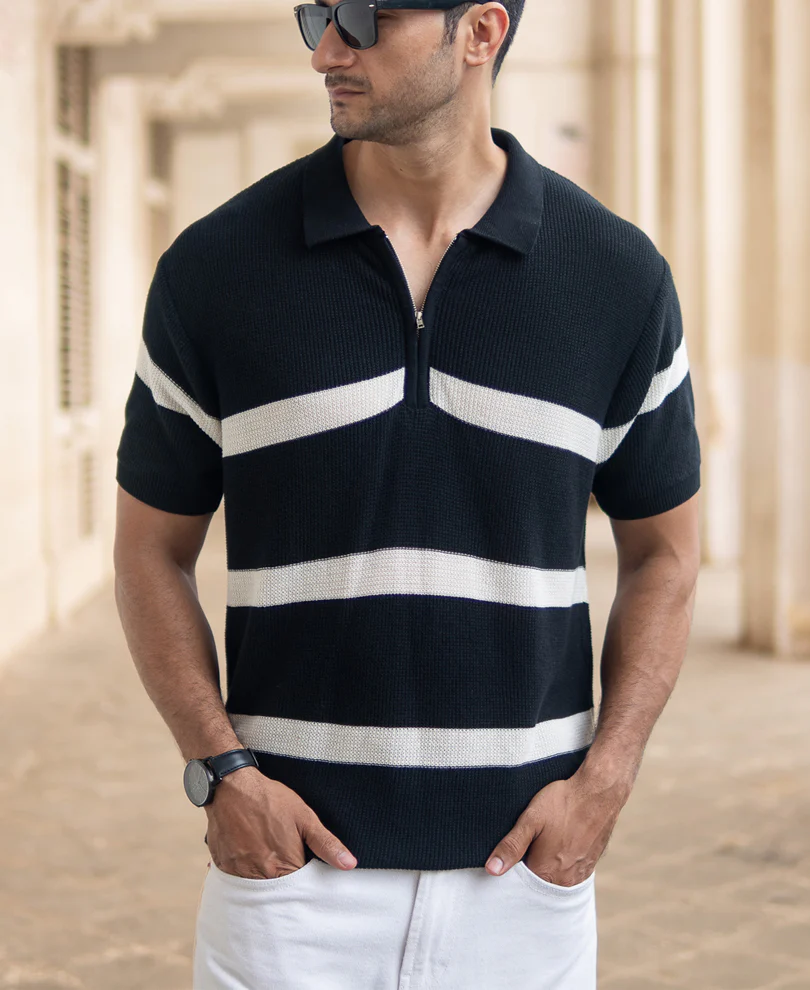 Black Striped Knit Polo T-Shirt - Image 2