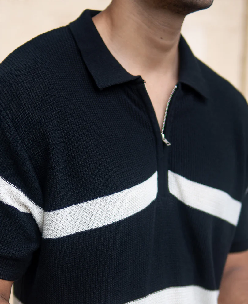 Black Striped Knit Polo T-Shirt - Image 3