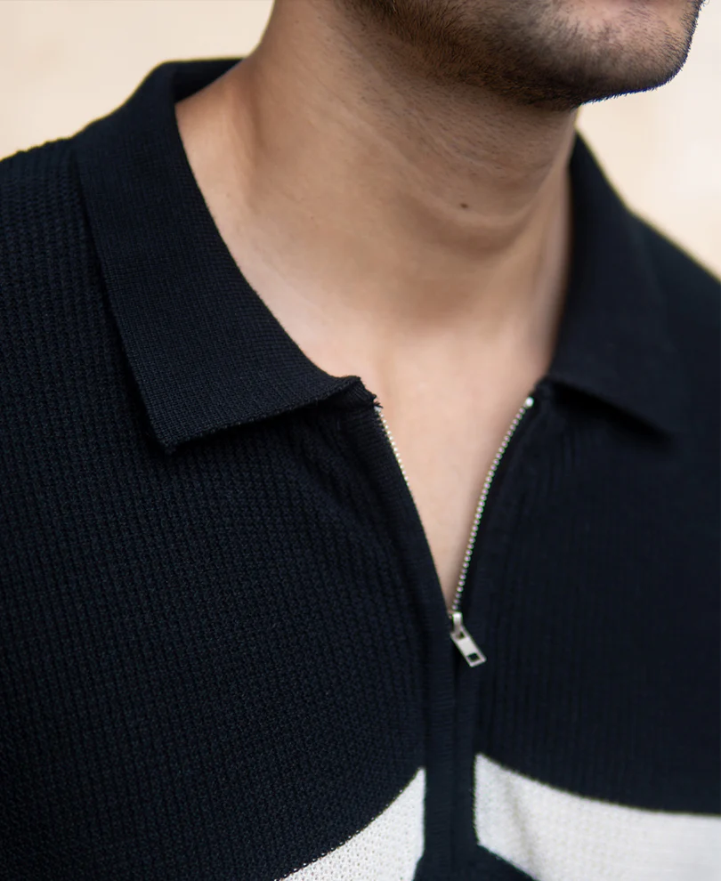 Black Striped Knit Polo T-Shirt - Image 4