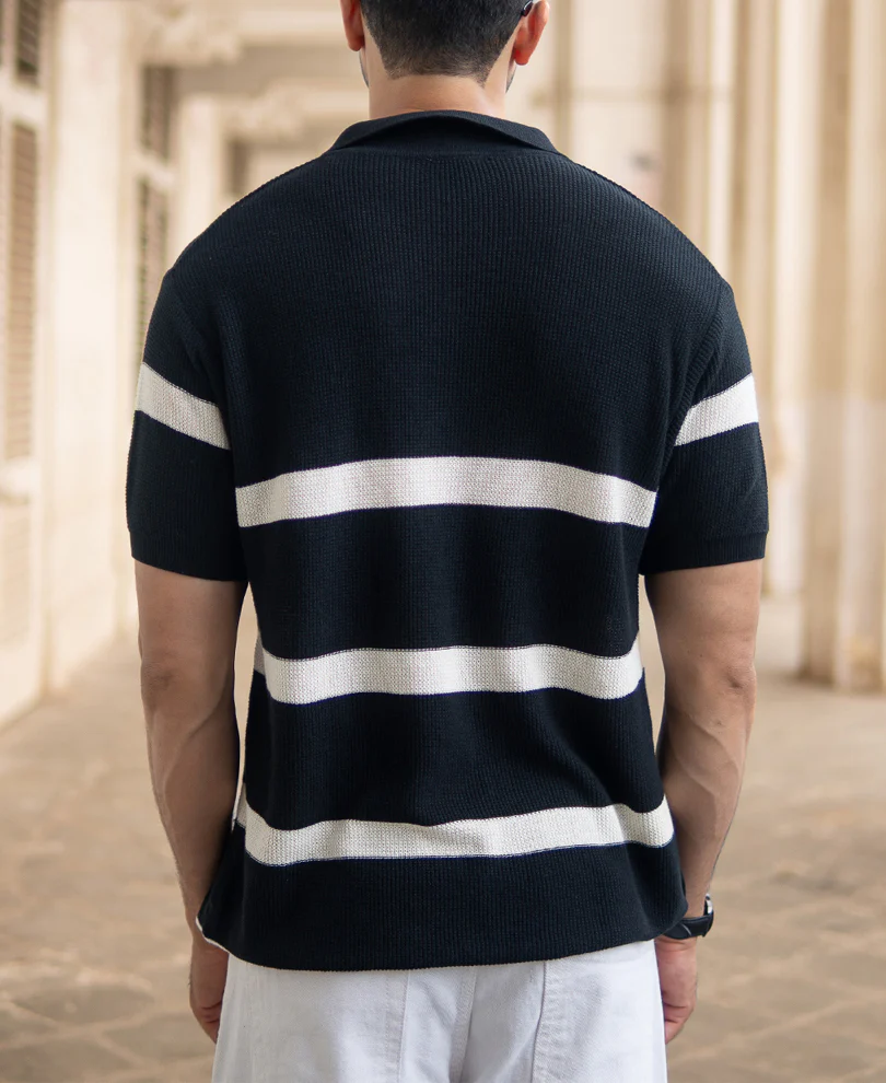 Black Striped Knit Polo T-Shirt - Image 5