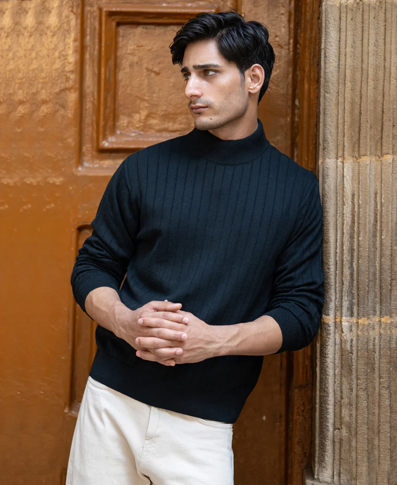 Black Structure Stripe High Neck Sweater - Image 2