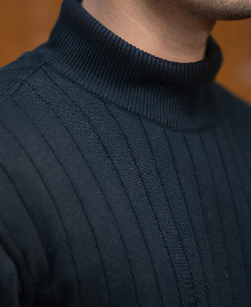 Black Structure Stripe High Neck Sweater - Image 3