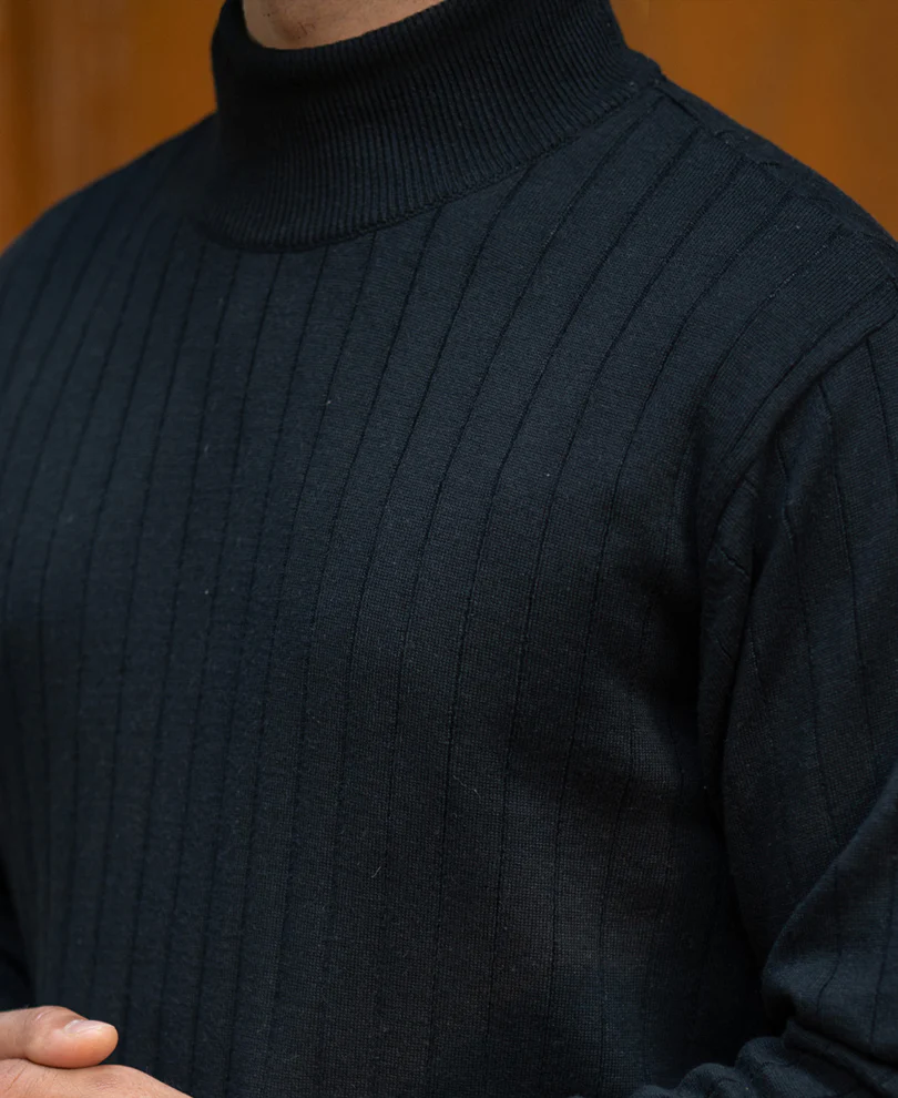 Black Structure Stripe High Neck Sweater - Image 4