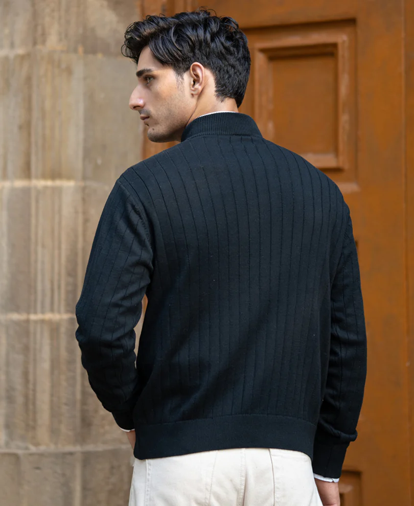 Black Structure Stripe High Neck Sweater - Image 5