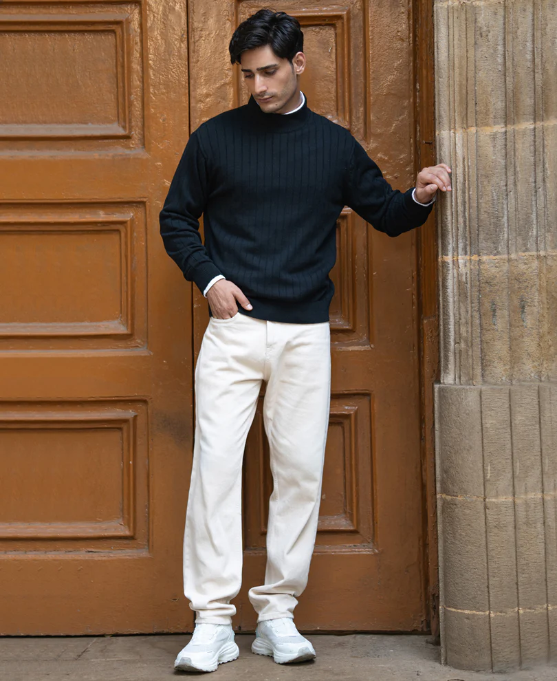 Black Structure Stripe High Neck Sweater - Image 6