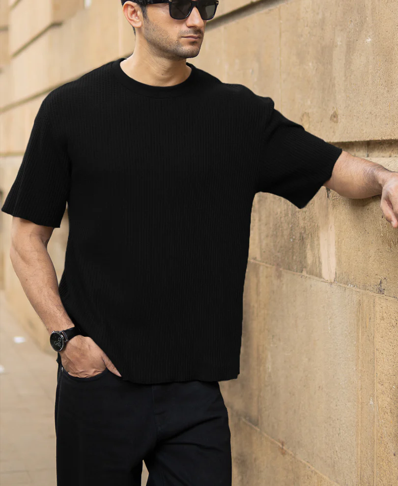 Black Structured Oversized Half Sleeves T Shirt - Image 2