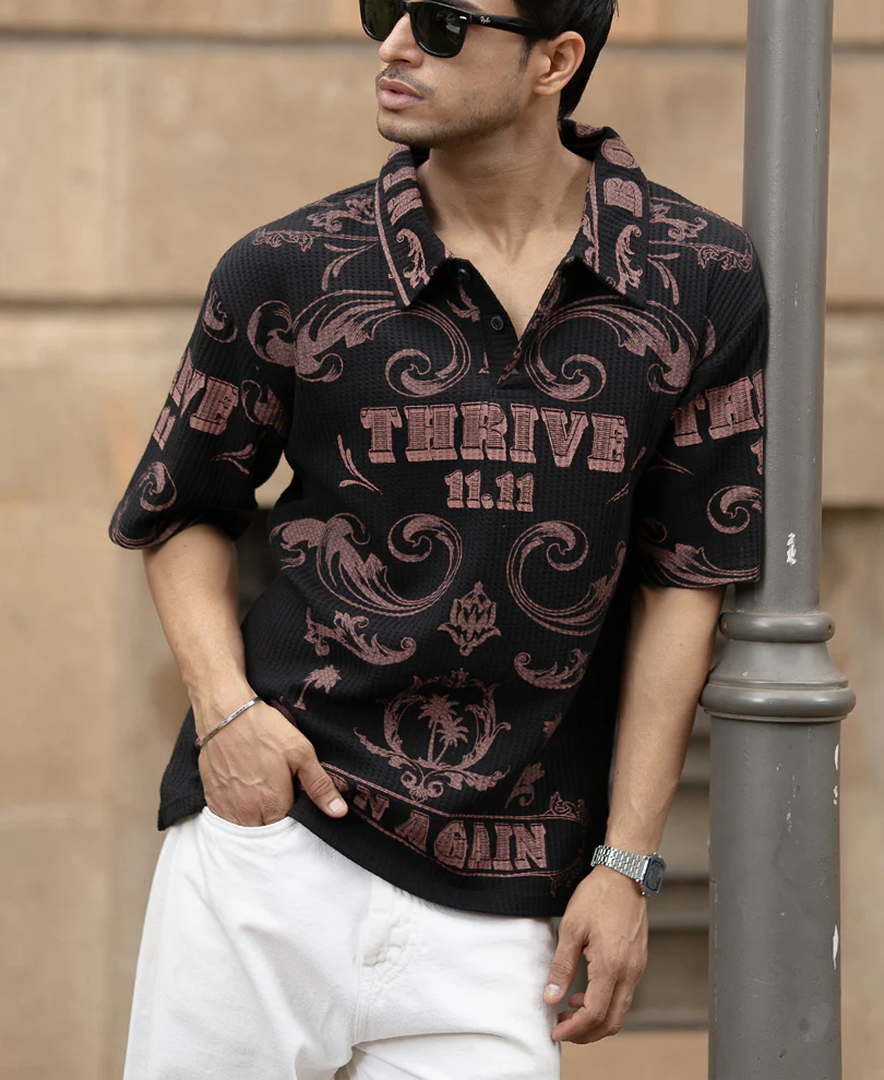 Black Structured Printed T-Shirt - Image 2