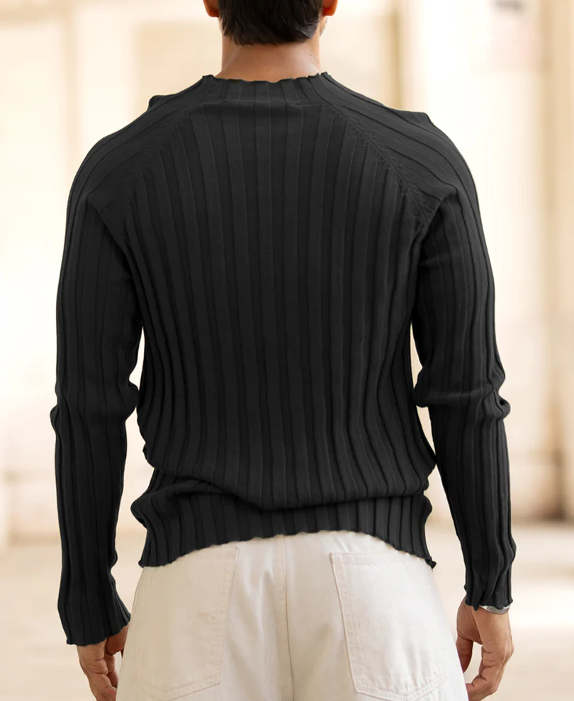 Black High Neck Ribbed T-Shirt - Image 3