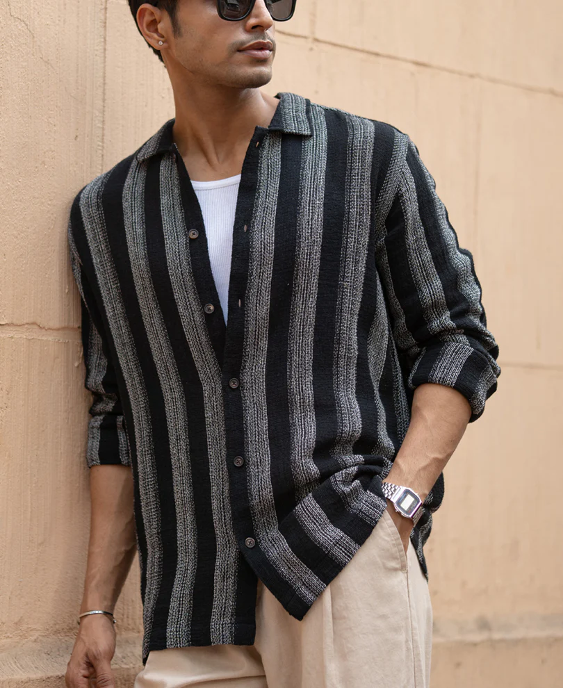 Black Structured Striped Shirt - Image 3