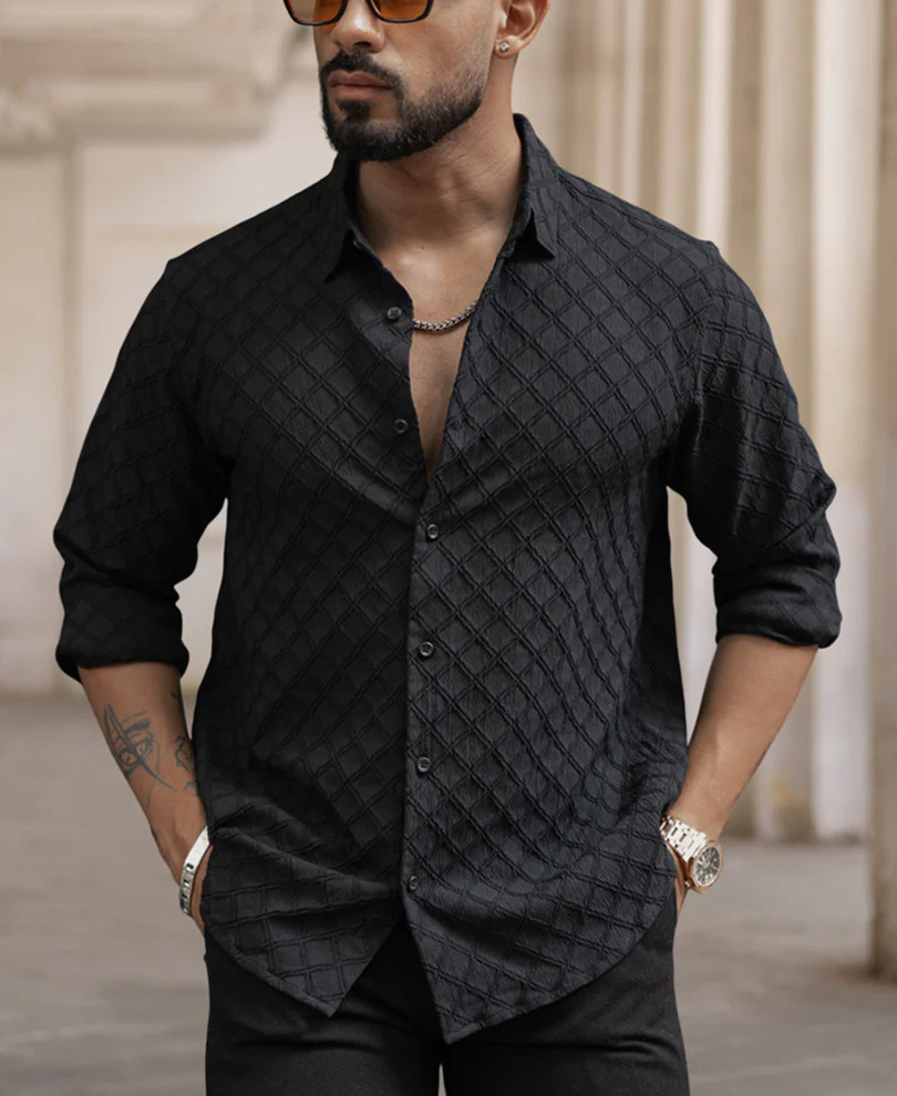 Black Structured Regular Fit Full Sleeves Shirt - Image 2