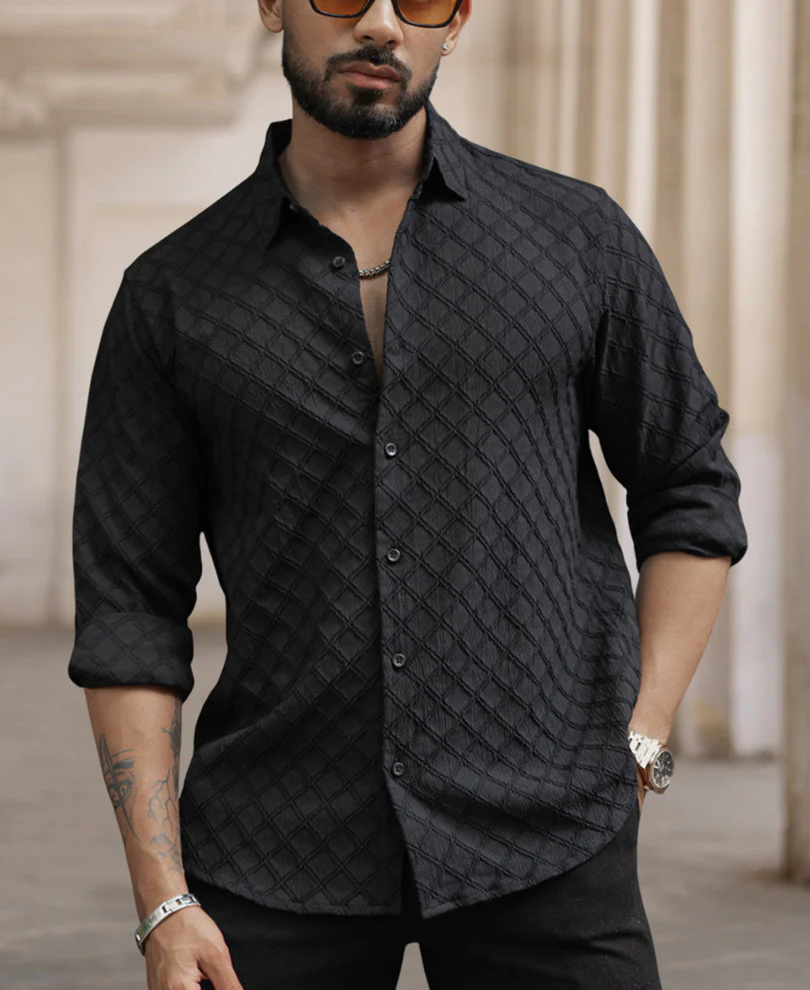 Black Structured Regular Fit Full Sleeves Shirt - Image 3