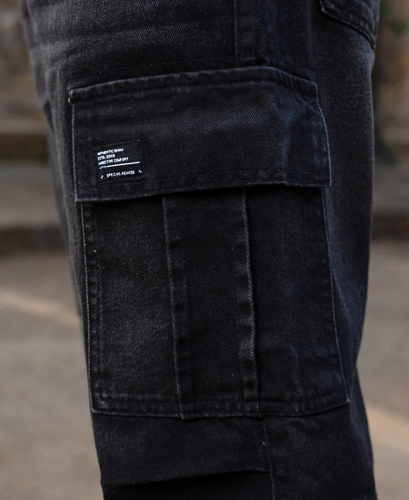 Black Washed Cargo Jeans - Image 4