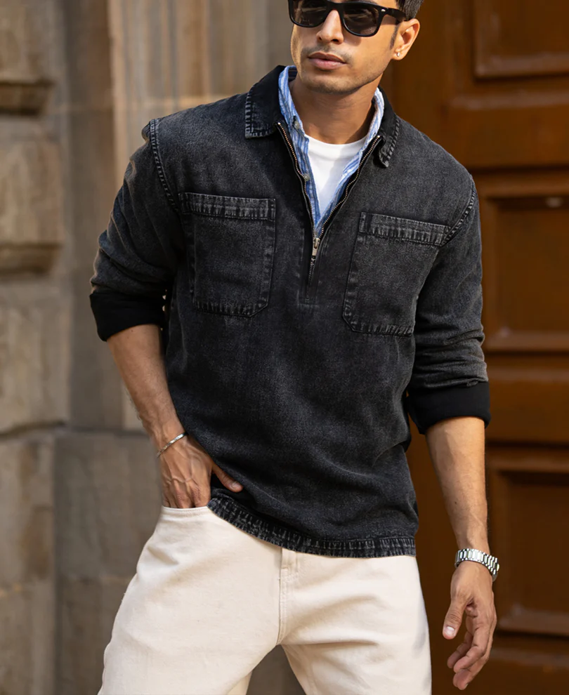 Black Washed Denim Polo Shirt