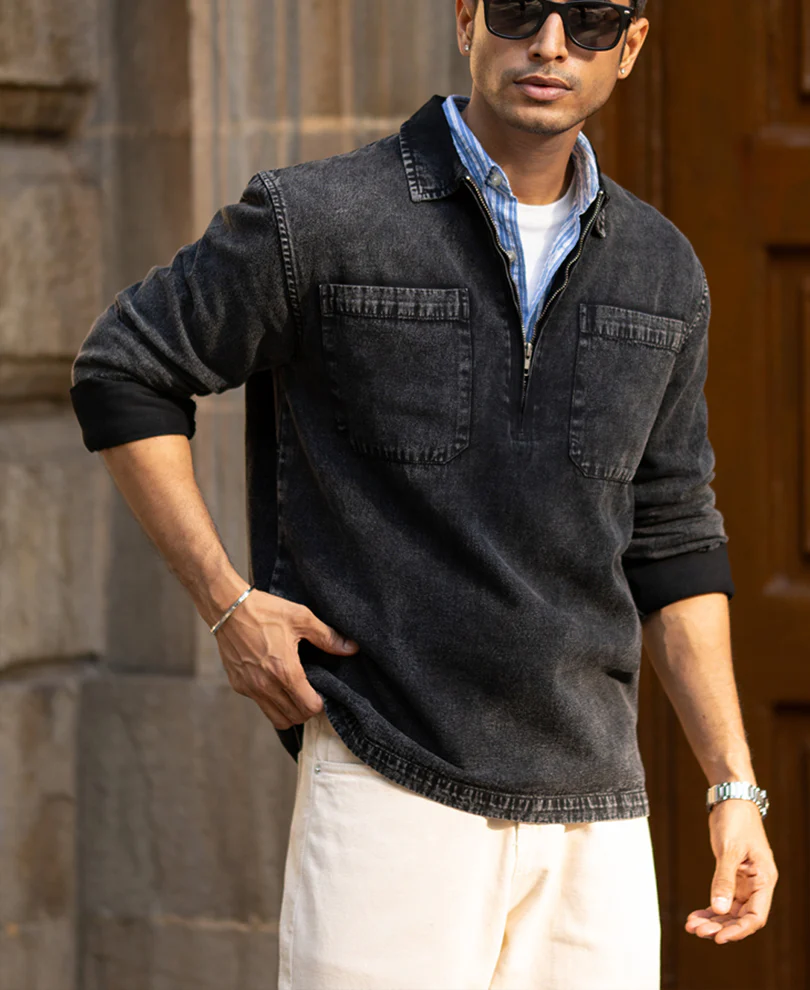 Black Washed Denim Polo Shirt - Image 2